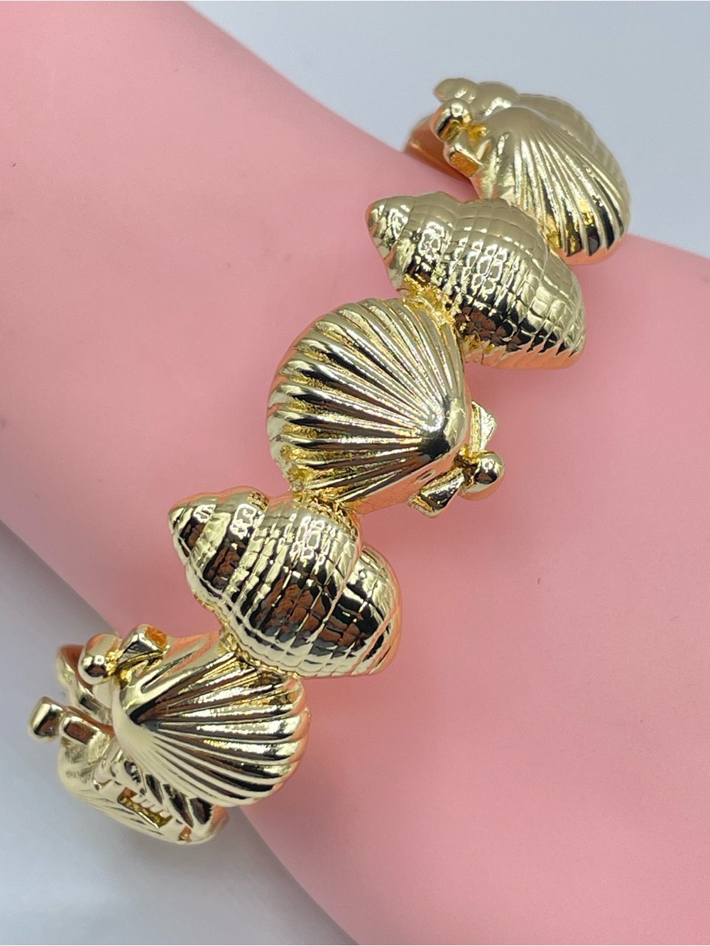 Gold Sea Shell Hinged Clamper Bangle Bracelet Coastal Chic Modern